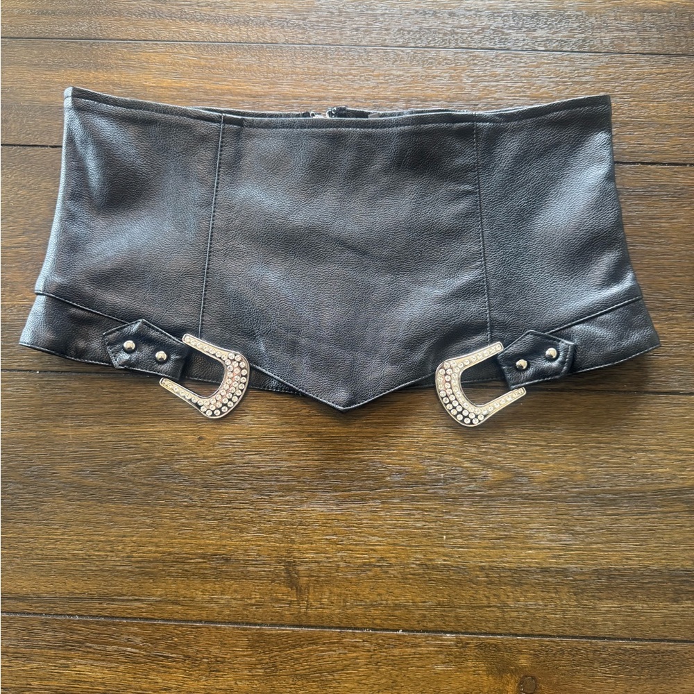 AKIRA Black Faux Leather Corset Belt Rhinestone Buckle S/M